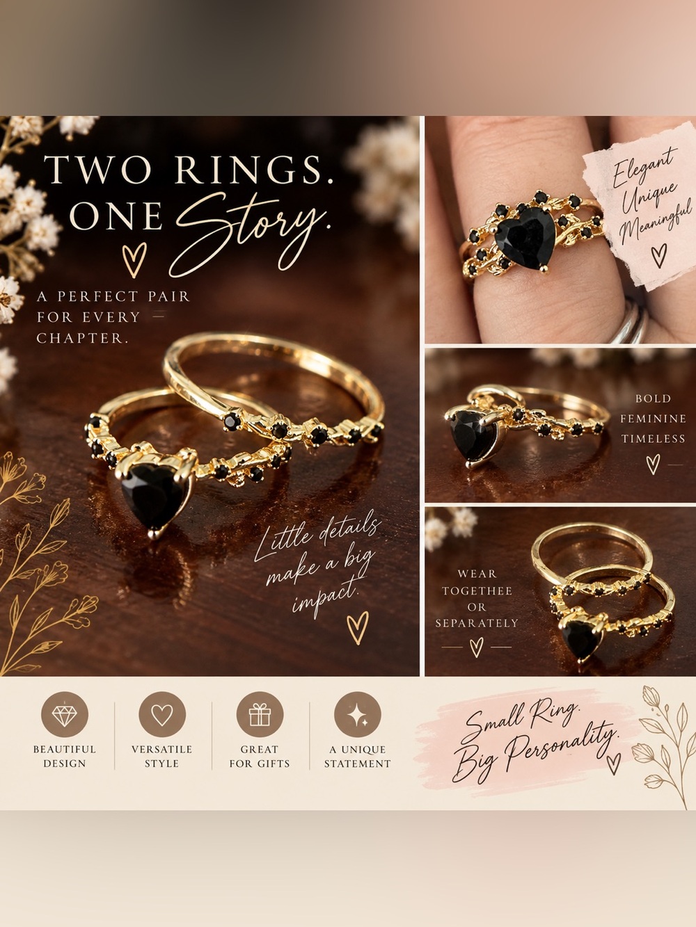 Gold Heart Ring Set with Black Stones - Women Jewelry